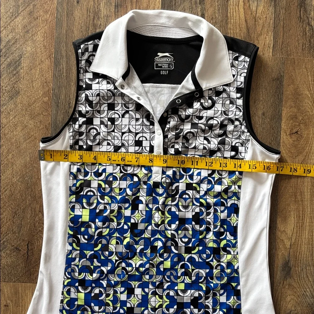 Slazenger Black White Blue Green Sleeveless Geometric Pattern Golf Polo small - Picture 2 of 7